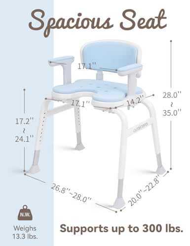 U-Shaped Shower Chair, Modular Arms & Back, 300 lb, Blue | Soft EVA padding, adjustable height, non-slip feet, tool-free setup, and a warm home-friendly look - color: Blue