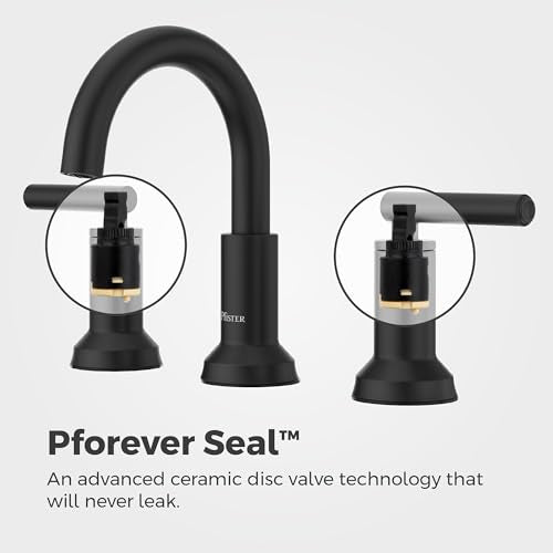 Pfister Capistrano Widespread 3 Hole Matte Black Bathroom Sink Faucet with 2 Handles Push & Seal Drain NSF Certified Spot Defense Finish Farmhouse Style Vanity LF049CSOSDB - color: Spot Defense Matte Black, size: 1 Pack
