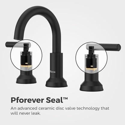 Pfister Capistrano Widespread 3 Hole Matte Black Bathroom Sink Faucet with 2 Handles Push & Seal Drain NSF Certified Spot Defense Finish Farmhouse Style Vanity LF049CSOSDB - color: Spot Defense Matte Black, size: 1 Pack
