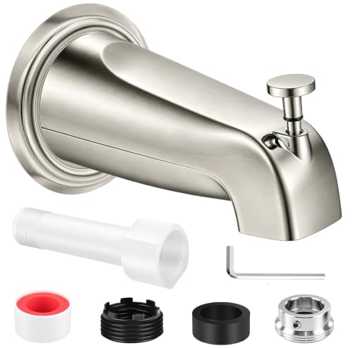 Universal Brushed Nickel Tub Spout with Diverter, Metal Cover and Adapter | Pull Down Bathroom Tub Faucet Replacement, for 1/2" Copper Pipe, 1/2" IPS & 3/4" IPS threaded, Bathtub Spout with Hex Wrench - color: Brushed Nickel