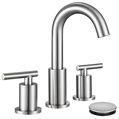 ChiLDano Widespread Bathroom Faucet 3 Hole with Sink Drain and Supply Hose | Brushed Nickel 3 Hole Faucet for Bathroom Sink, Satin Nickel 2 Handle 3 Pieces Bathroom Vanity Faucet - color: Brushed Nickel