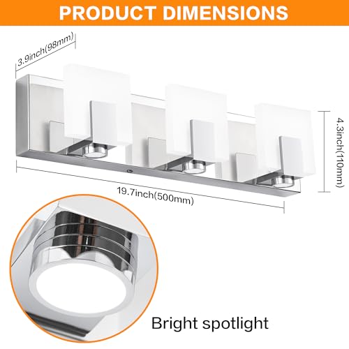SOLFART Bathroom Vanity Lights Over Mirror 3 Lights Modern Chrome Bath Light Fixtures Stainless Steel Acrylic Shade - color: Chrome,Spotlight Model-6000K,100% Brightness, size: 3- Light,20Inch