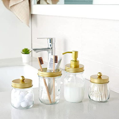 Amolliar Mason Jar Bathroom Accessories Set, 4 Pcs Glass Bathroom Set, Gold | Lotion Soap Dispenser, 2 Cotton Swab Holder, Toothbrush Holder, Farmhouse Rustic Bathroom Decor, Countertop Vanity Organizer - size: Gold, style: Standard-mouth