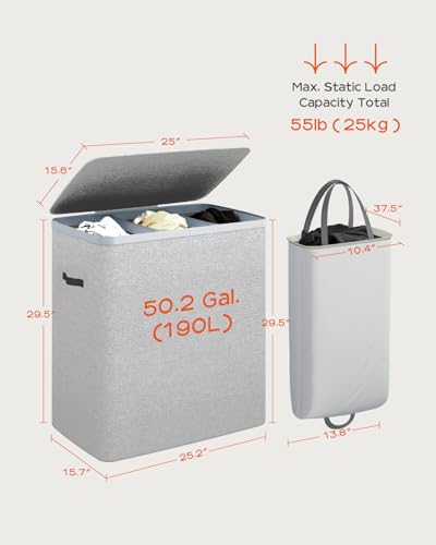 CASAMAYA Laundry Basket with Lid, Laundry Hamper 3 Section, 190L collapsible Laundry Organizer, Easy Assembly, with Handles and Removable Liners, 25.2 x 15.7 x 29.5 Inches, Gray JSP904G - color: Gray, size: 190L(3-Section)