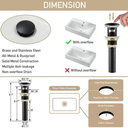 AVSIILE Matte Black Bathroom Sink Drain with Overflow Vessel Sink Stopper Pop Up Drain Assembly for 1.6"-1.9" Sink Hole, All Metal Rustproof Brass and 304 Stainless Stee - color: Matte Black, style: Overflow