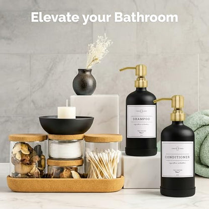 Vine Creations Black Glass Soap Dispenser, 2 Pack Kitchen Soap Dispenser Set with Stainless Steel Pump, 16 oz Dish Soap and Hand Soap Dispensers for Bathroom with Waterproof Labels - color: Matte Black Bottle / Brushed Gold Pump