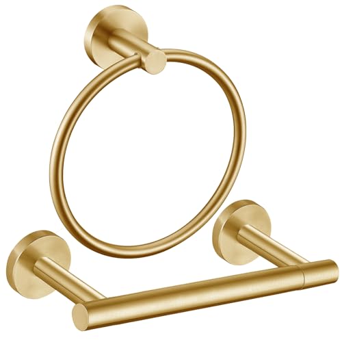 Brushed Gold Flip Toilet Paper Holder, Towel Ring Set 2 Pieces Hand Towel Holder for Bathroom Hardware Accessories Set SUS304 Stainless Steel Sturdy Wall Mount Bathroom Holder - color: Gold