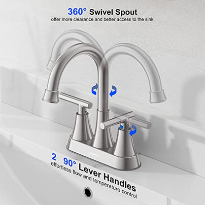 Bathroom Faucet, Hurran 4 inch Centerset 2-Handle Lead-Free, Brushed Nickel | Bathroom Sink Faucet with Pop-up Drain and Supply Lines, Stainless Steel Faucet for Vanity RV Restroom Laundry, 2 Pack - color: Brushed Nickel X 2