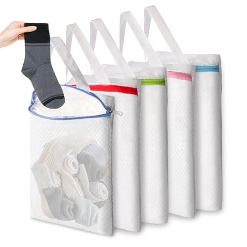 5-Pack Hanging Mesh Laundry Bags with S Metal Hooks, 10x12 Inch | Durable mesh, rustproof S hooks. 5 colors. For socks, delicates, toys, balls. Machine wash. Travel, dorms, sports. - color: 5 PACK, size: 10*12in