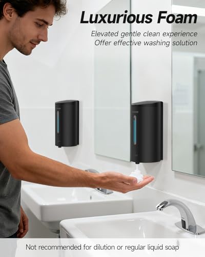 AIKE Automatic Foaming Soap Dispenser 25oz for Bathroom,Matteblack AK1205FA | Rich Foam and Stainless Steel,No-drill and Screw Wall Mount,5-Level Adjustable and Key for Commercial(Batteries Not Included) - color: Matte Black Stainless Steel