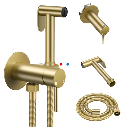 Arofa Built-in Hot and Cold Bidet Sprayer, Warm Water Bidet, Brushed Gold | Wall-Mounted Design, Dual Control Modes, Leak-Free Bidet Hose, Feminine/Baby/Pet Wash, Cloth Clean & Rinse, Stainless Steel - color: Gold, size: Built-in Hot & Cold Water Modes-Ro