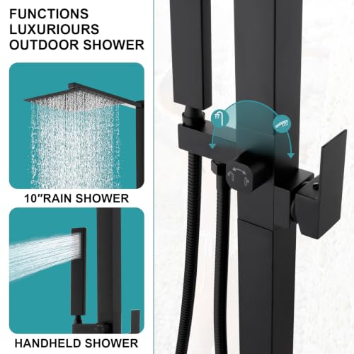 Square Freestanding Outdoor Shower Stainless Steel with 10" Rain Shower Head and Handheld, Matte Black Outdoor Shower Fixtures for Backyard Garden Beach Pool