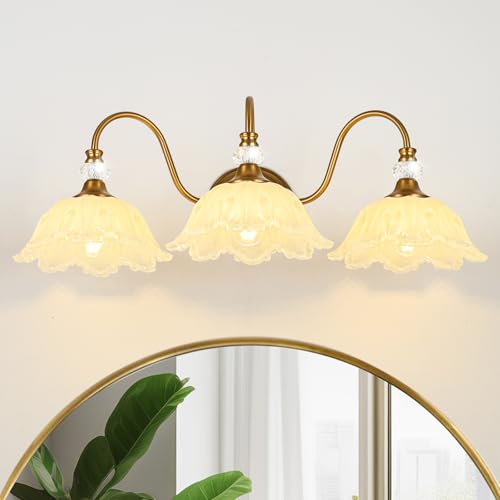 Vintage Bathroom Vanity Light, 3-Light Matte Brass Finish Vanity Light with Floral Yellow Glass Shades, Retro Wall Sconce for Bathroom, Dressing Table - color: Brass and Yellow, size: 3-Light