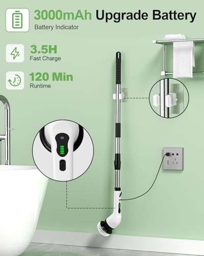 Cordless Electric Spin Scrubber, 9 Brush Heads, 2-Speed Motor | Floor cleaning, bathroom scrubber, tile floor scrubber, extension arm, IPX7 waterproof, tub, sink, grout, wet- dry vacuum - size: 9heads