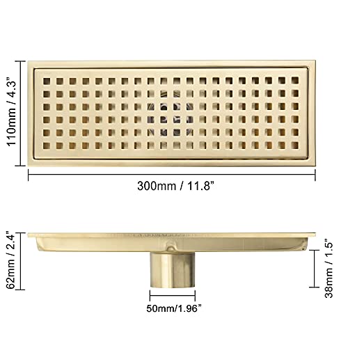 12 Inch Rectangular Shower Floor Drain, Can Be Detachably Inserted Into The Mesh Grille Cover, SUS304 Stainless Steel, Brushed Gold - color: Brushed Gold