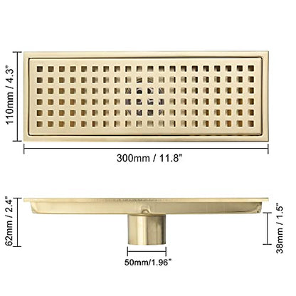 12 Inch Rectangular Shower Floor Drain, Can Be Detachably Inserted Into The Mesh Grille Cover, SUS304 Stainless Steel, Brushed Gold - color: Brushed Gold