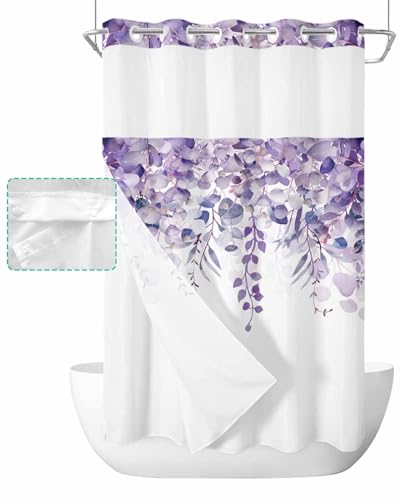 No Hook Shower Curtain and Snap in Liner Set, Purple Eucalyptus Fabric Bathroom Stall Shower Curtains 54x78, See Through Mesh Top Window, Spring Summer Botanical Floral Leaves Country Hotel Style - color: Purple, size: 54"W x 78"L (Pack of 1)