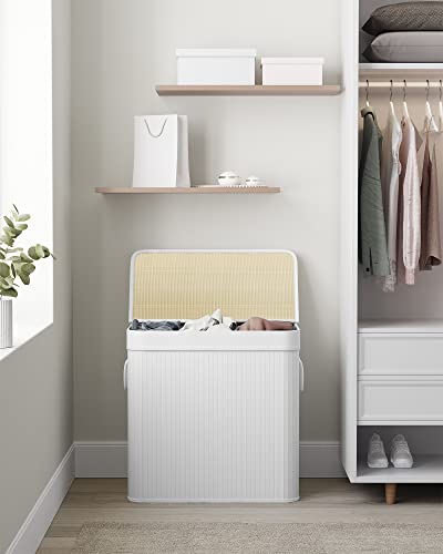 SONGMICS Laundry Hamper, 39.6 Gallons (150L), 3-Section Laundry Basket, Laundry Hamper with Lid, Bamboo, Foldable, Removable and Machine Washable Liner, for Laundry Room, Bedroom, White ULCB091W01 | Foldable Laundry Basket, Removable and Machine Washable