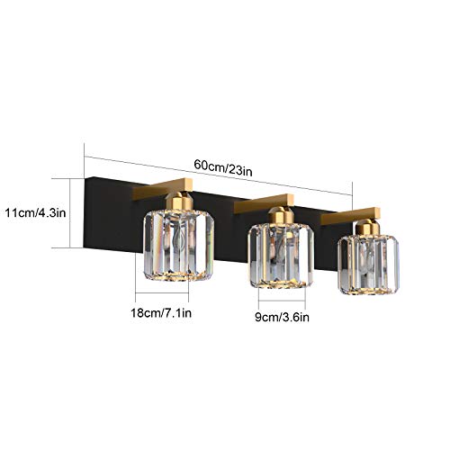 Aipsun Crystal Vanity Light Black Bathroom Vanity Lighting Fixtures 3 Lights Modern Vanity Light for Bathroom (Exclude Bulb) - color: Black Gold (Round), size: 23 inch