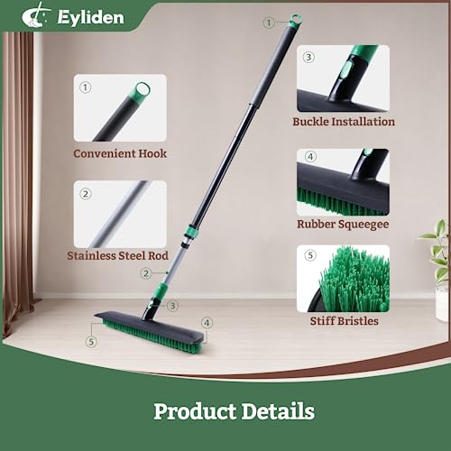 Eyliden Scrub Brush with Squeegee, Floor Deck Tile Bath Cleaning Scrubber | 15-inch Wide, 45° Angle 2-in-1 Stiff Bristles & Rubber Head, 55" Telescoping Long Handle, for Shower Kitchen Patio Garage
