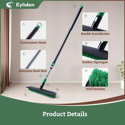 Eyliden Scrub Brush with Squeegee, Floor Deck Tile Bath Cleaning Scrubber | 15-inch Wide, 45° Angle 2-in-1 Stiff Bristles & Rubber Head, 55" Telescoping Long Handle, for Shower Kitchen Patio Garage