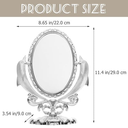COLLBATH Double-Sided Makeup Mirror with Stand for Tabletop Use, Swivel Cosmetic Mirror with Reflection, Silver Plastic and Glass Material, Elegant Design for Dresser or Vanity