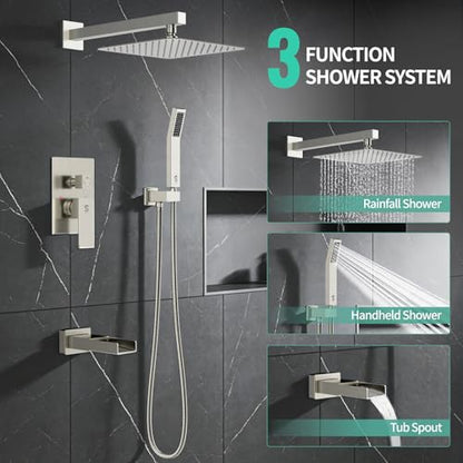 SR SUN RISE 10 Inch All Metal Square Shower System with Tub Spout, Tub Shower Faucet Set, High Pressure Rain Shower Head and Handheld Sprayer Shower Fixtues, Valve Included, Brushed Nickel - color: Brushed Nickel, size: 10 Inch