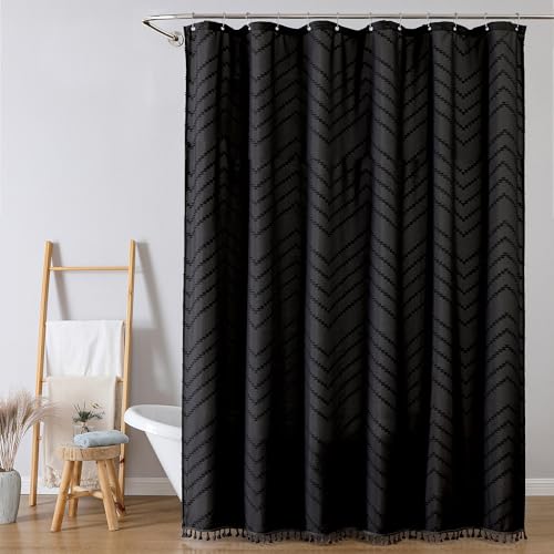 Extra Long Black Boho Shower Curtain, Chic Tufted Chevron Striped Textured Fabric Cloth Shower Curtains with Tassel for Bathroom, Soft Hotel Style Farmhouse, Machine Washable, 72x84 - color: Black, size: 72"W x 84"L (Pack of 1)