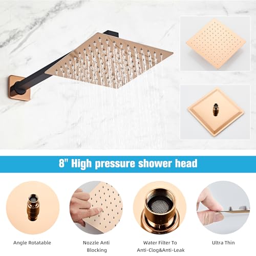 Shower Faucet Set Bathroom Matte Black and Rose Gold Rainfall Shower System Wall Mount with 8 Inch Square Shower Head, Single Function Shower Trim Kit with Rough-in Valve - color: Matte Black+Rose Gold, style: 8 Inch without Handheld Sprayer