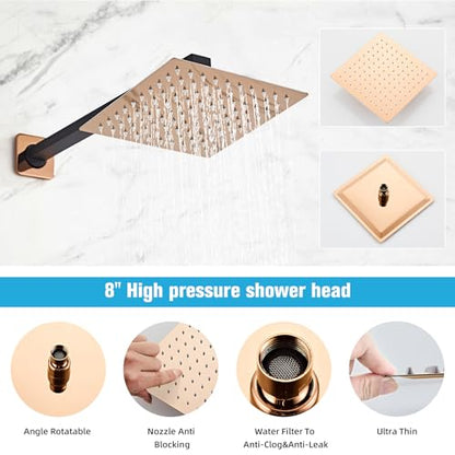 Shower Faucet Set Bathroom Matte Black and Rose Gold Rainfall Shower System Wall Mount with 8 Inch Square Shower Head, Single Function Shower Trim Kit with Rough-in Valve - color: Matte Black+Rose Gold, style: 8 Inch without Handheld Sprayer