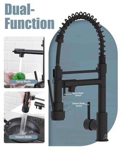 Kitchen Faucet, Black Kitchen Sink Faucets with Pull Down Sprayer, Single Handle Stainless Steel Faucets for Kitchen Sinks, Dual Function Spray Head, Farmhouse Kitchen Faucets,KF-B-8001 - color: A.Matte Black, style: 2.Faucet