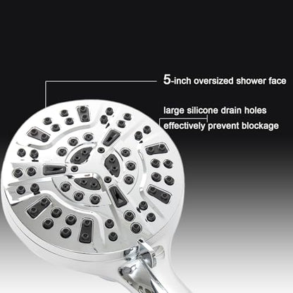 High Pressure Shower Head with Magnetic Back Fixed Base Design,Handheld Showerhead with Hose Set Stainless Steel 59 inches/5 ft 10-Setting 5 inches Large Face,Chrome Finish (Silver) - color: Silver