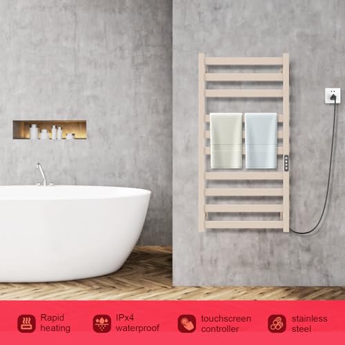 Towel Warmer,Stainless Steel Towel Warmer Rack for Bathroom -10 Bars Wall Mounted Towel Heater with Intelligent Touch Screen Timer, Hard Wired/Plug-in, Earth Tone