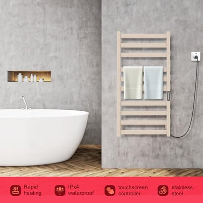 Towel Warmer,Stainless Steel Towel Warmer Rack for Bathroom -10 Bars Wall Mounted Towel Heater with Intelligent Touch Screen Timer, Hard Wired/Plug-in, Earth Tone