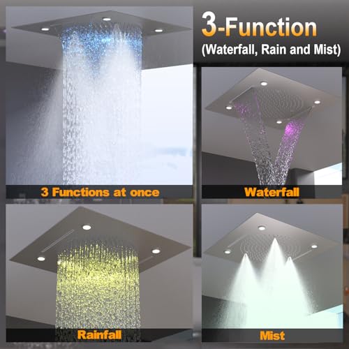 Enga Luxury Dual Shower Head System LED Thermostatic Shower System with 6 inch Wall Shower, 20-Inch 3 Function Shower Head (Rainfall & Mist & Waterfall), Brushed Nickel - color: Brushed Nickel, style: 20" Head (Rain + Mist+Waterfall) - 6" Head