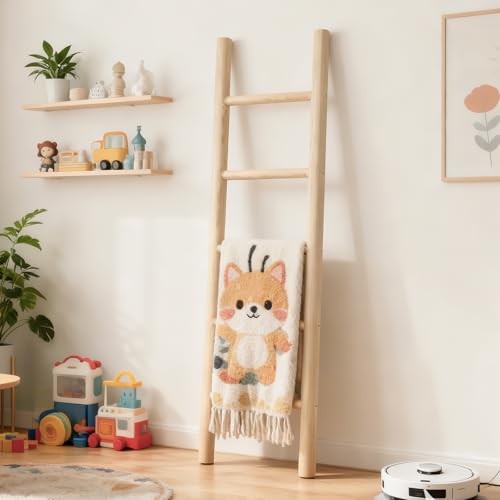 Wooden Blanket Ladder - 57in Natural Wood Color- Leaning Wall Decor for Bedroom, Bathroom, Living Room - Rustic Quilt Holder (Light Wood Color, 57in | Knock Down) - color: Light Wood Color, size: 57in | Knock Down