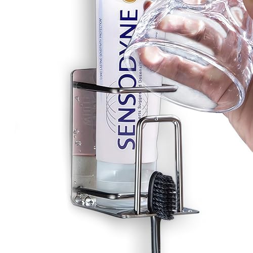 HANZE Toothbrush Holder 304 Stainless Steel Adhesive Wall Mounted 3 in 1 Toothbrush Holder Toothpaste Holder and Cup Holder for Bathroom Shower - color: 1 Pack