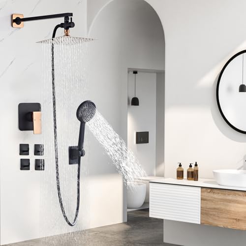 Shower Head Combo Matte Black and Rose Gold, 8 Inch Rain Shower Head with Handheld 5 Spray Modes High Pressure Rainfall Shower Heads System, 15 Inch Shower Adjustable Extension Arm - color: Matte Black+Rose Gold, style: 8 Inch with Handheld Sprayer