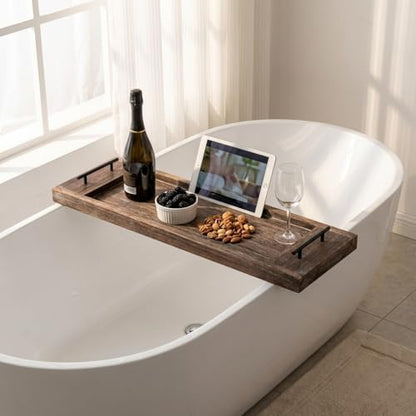 Hanobe Wood Bathtub Tray Bath Caddy with Handles, 31" | Distressed Rustic Finish, Rustic Long Board Shelf Over Tub for Bathroom Decor