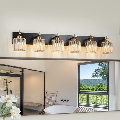 6-Light Crystal Bathroom Vanity Light, Modern Black Gold Bathroom Light Fixtures Over Mirror Crystal Wall Lighting with Polished Gold Finish - color: Black Gold-Round Shade, size: 6-Light