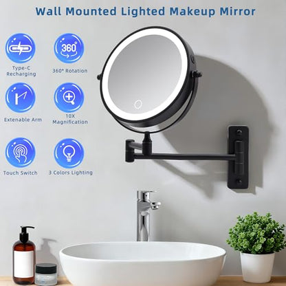 Wall Mounted Makeup Mirror with Light, 8" Double Sided 1X/10X Magnifying Mirror, Rechargeable, 3 Color Lights, Touch Dimmable, 360° Rotation & Extendable Arm