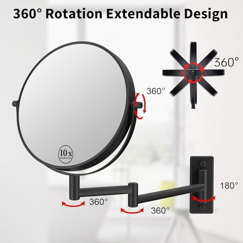 8" Wall Mounted Makeup Mirror with 1X 10X Magnification, Matte Black | Double-sided Wall Mount Magnifying Mirror with Swivel Extendable Arm for Bathroom - color: Matte Black-no Lights