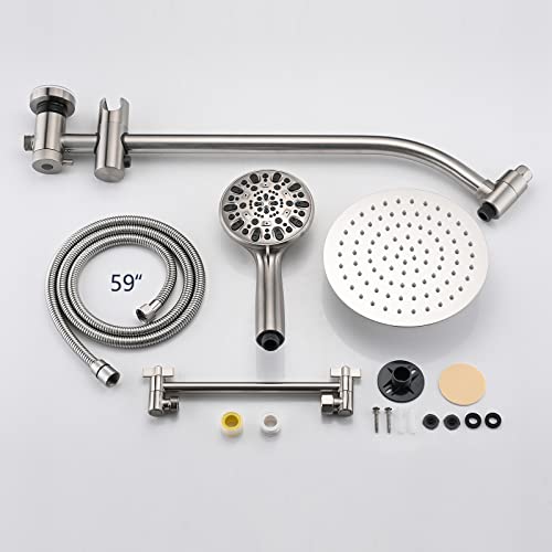 Rainfall 8 Inch Round Shower Head with High Pressure Handheld Spray Combo, Drill-Free Slide Bar with Adjustable Shower Extension Arm, 3-Way Diverter for Easy Reach, 5Ft Hose- Brushed Nickel - color: Brushed Nickel