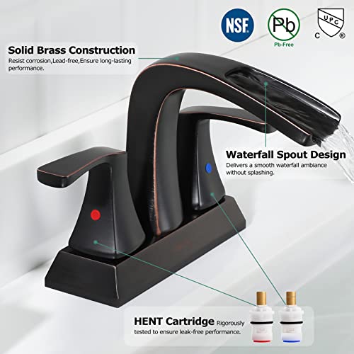 Waterfall Bathroom Sink Faucet 2 Handle Centerset, Oil Rubbed Bronze | 4 Inch Lead-Free Deck Mount Vanity Faucet with Pop Up Drain Supply Lines, for 3 Hole Lavatory Utility Sink - color: Oil Rubbed Bronze