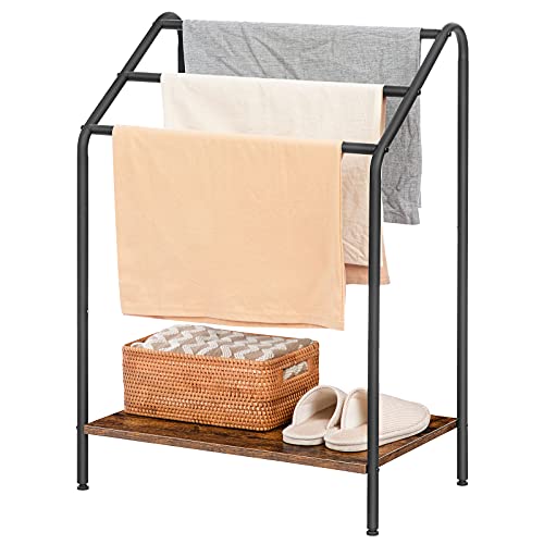 HOOBRO Freestanding Towel-Rack for Bathroom, 3 Tier Blanket Rack for Living Room, 23.6" L x 14.2" W x 33.9" H, Quilt Blanket Ladder Holder, Drying and Display Rack, Rustic Brown and Black BF63LB01 - size: 23.6"L x 14.2"W x 33.9"H