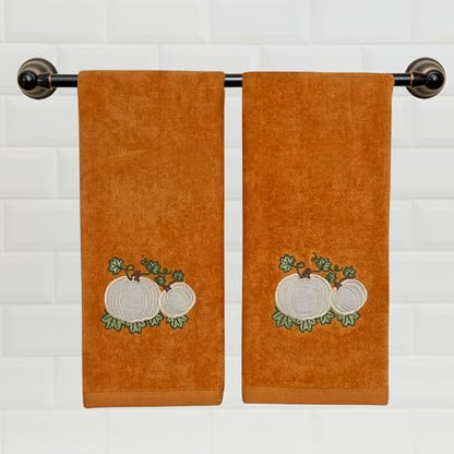 Serafina Home Harvest Fall Bathroom Guest Hand Embroidered Towels 2 Pc Set: Pumpkin Leaf Appliqué Design Bath Plush Rust Orange Towels, 100% Cotton, 16" x 25" Inches, Oeko-TEX Certified - color: Rust Pumpkins