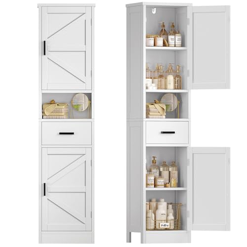 67" H Bathroom Storage Cabinet with Barn Doors & Adjustable Shelves, Bathroom Cabinet with Drawer, Narrow Bathroom Storage Unit, Floor Cabinets for Living Room, Kitchen, White - color: White