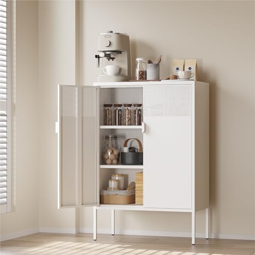 COFaR White Metal Storage Cabinet with Adjustable Shelves, 47”H Modern Buffet Sideboard & Coffee Bar Cabinet with Magnetic Doors, Ventilated Steel Organizer for Kitchen, Dining Room, Home Office - color: White, size: 47"H with Mesh
