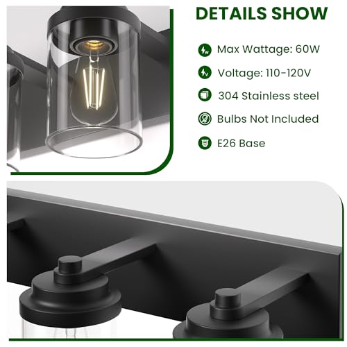 Bathroom Vanity Light, 3-Light Modern Black Vanity Light Fixtures with Clear Glass Shade, 22in Matte Black Bathroom Light Fixtures Over Mirror, Rustic Restroom Lighting Fixtures - color: Black, size: 3-Light