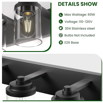 Bathroom Vanity Light, 3-Light Modern Black Vanity Light Fixtures with Clear Glass Shade, 22in Matte Black Bathroom Light Fixtures Over Mirror, Rustic Restroom Lighting Fixtures - color: Black, size: 3-Light